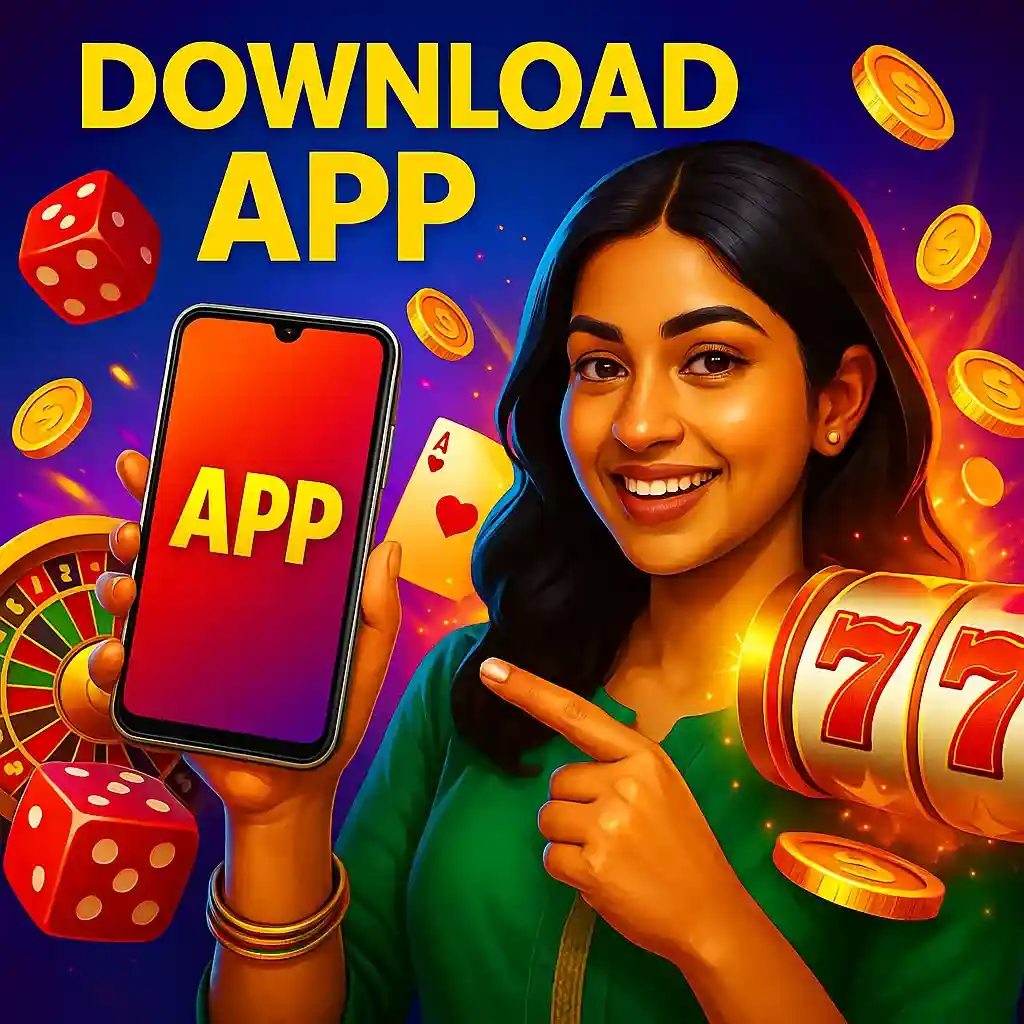 Casino app download promotional image showing Indian woman in green sari pointing at smartphone with app text, surrounded by casino elements like dice, cards, slot machine and golden coins
