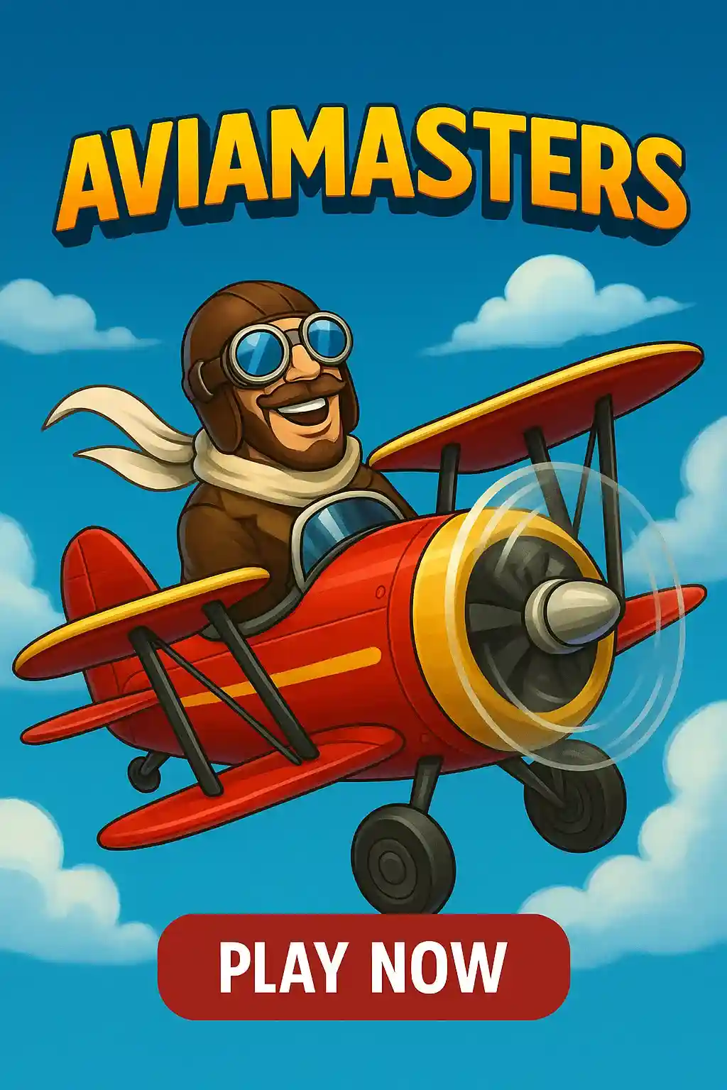Aviamasters game featuring cartoon pilot character with goggles and scarf flying vintage red biplane against blue sky with white clouds and play now button