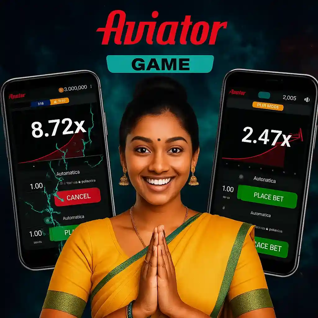 Aviator game banner showing Indian woman in traditional yellow sari with namaste gesture between two smartphones displaying aviator multipliers 8.72x and 2.47x