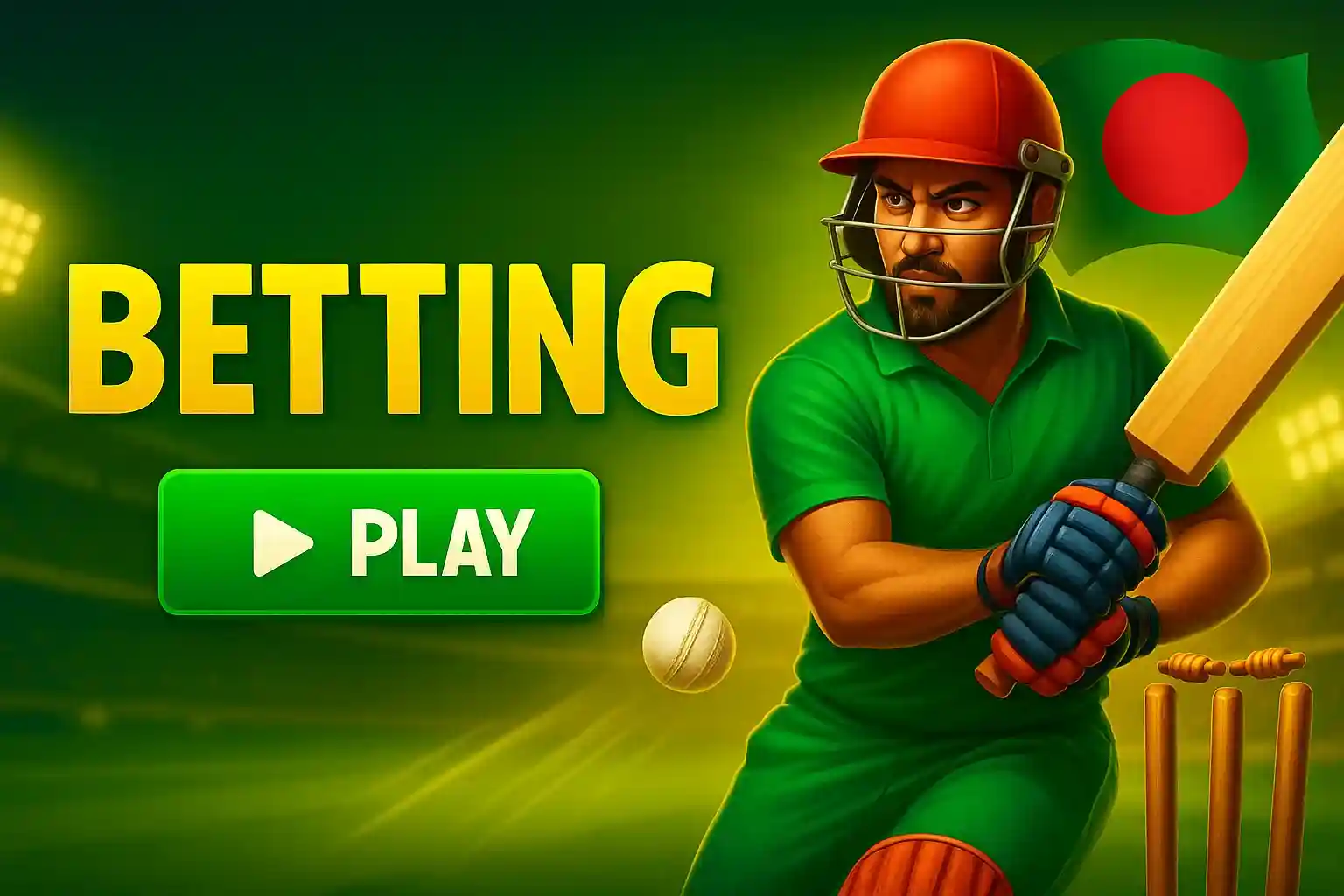 Cricket betting banner showing cricket batsman in green uniform with orange helmet holding bat with cricket ball, wickets and Bangladesh flag with play button