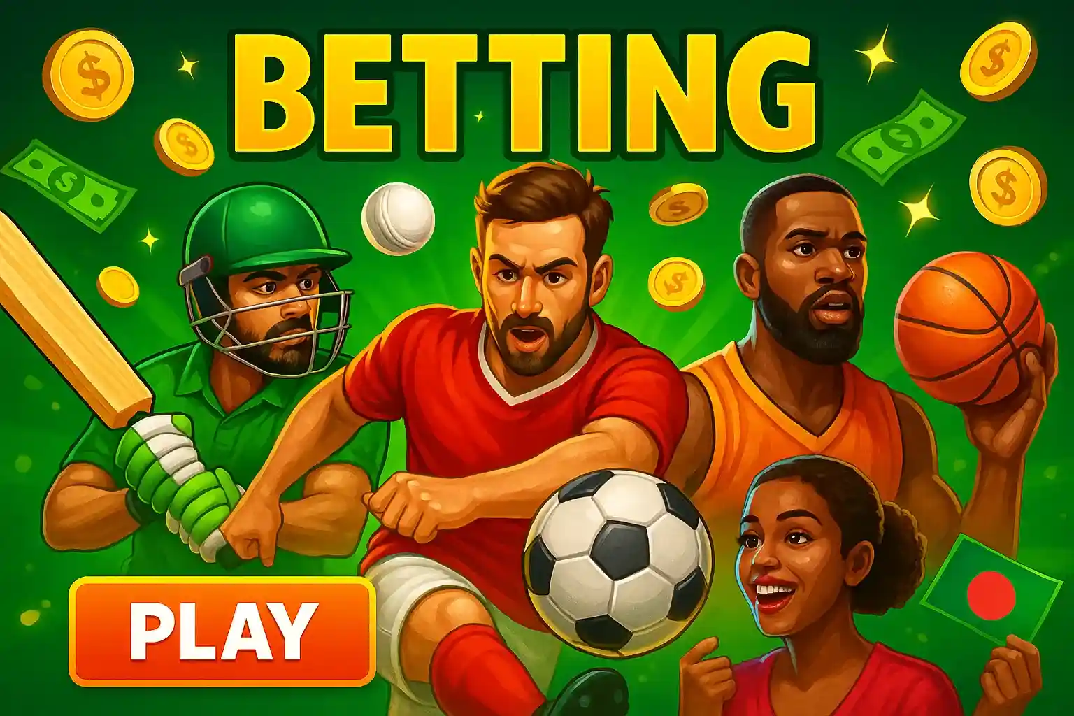Sports betting promotional banner featuring cricket player, football player, basketball player and woman with various sports balls, golden coins and dollar bills with play button
