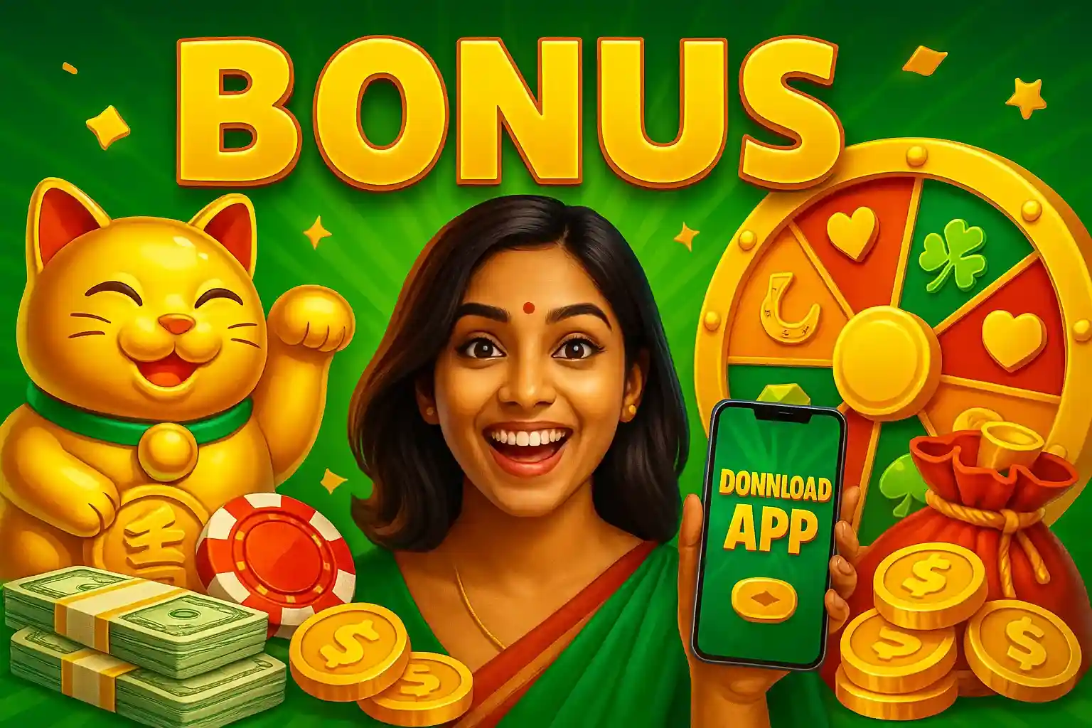 Casino bonus promotional banner featuring excited Indian woman in green sari holding smartphone showing download app, with golden lucky cat, prize wheel, poker chips, cash bundles and golden coins