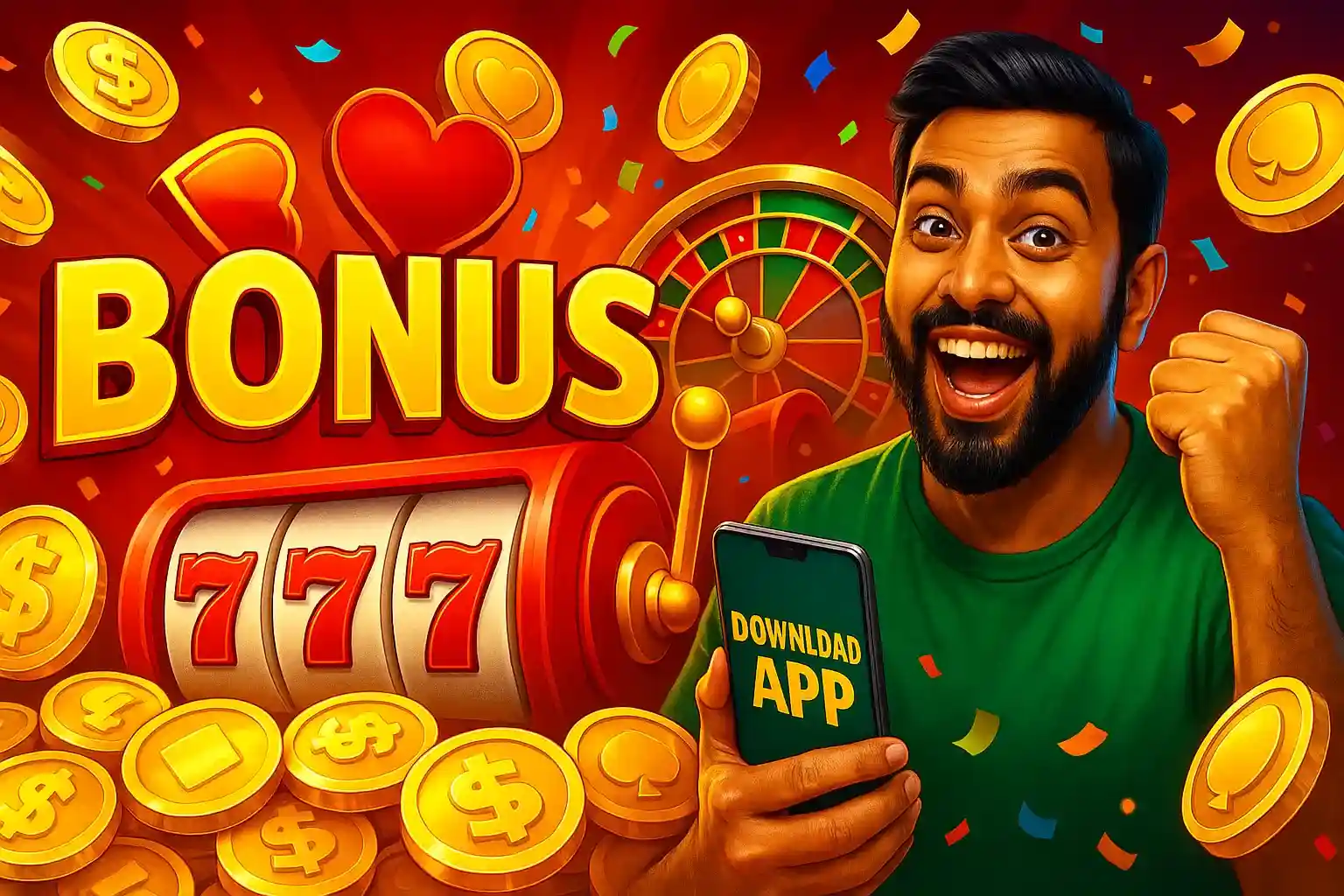 Casino bonus banner showing enthusiastic bearded man in green shirt celebrating with smartphone displaying download app, surrounded by slot machine showing 777, roulette wheel and golden coins