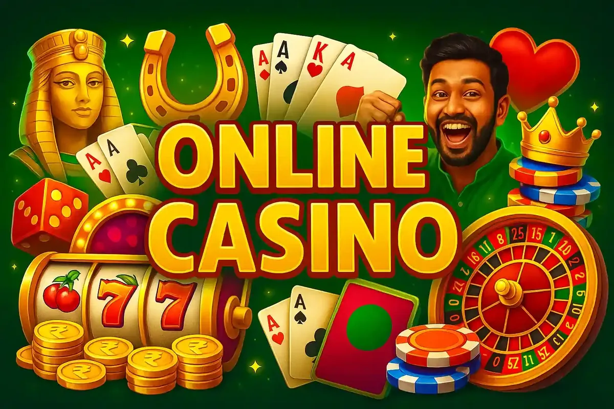 Online casino banner featuring Egyptian pharaoh queen, excited man, horseshoe, playing cards, slot machine, roulette wheel, poker chips and Bangladesh flag