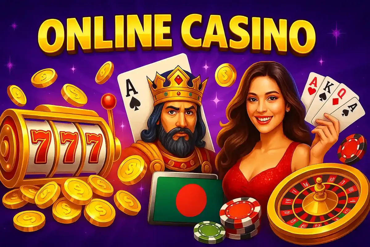 Online casino promotional banner showing woman in red dress holding playing cards with king character, slot machine showing 777, roulette wheel, poker chips and Bangladesh flag