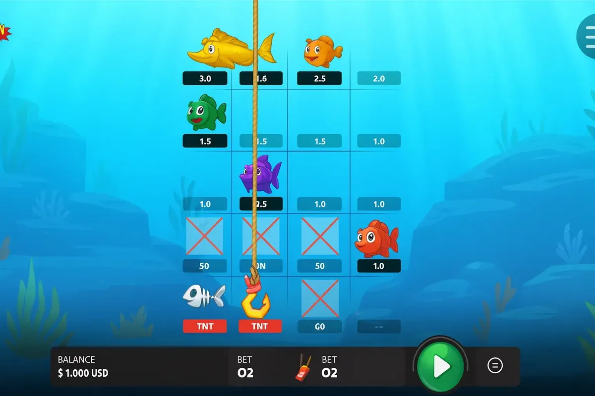 Underwater Fish Boom gameplay screen with a hook, TNT explosives, fish icons and multiplier values on a grid