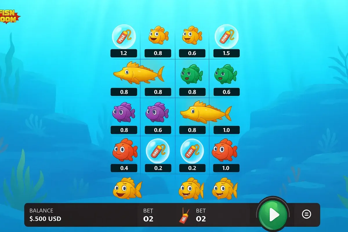 Fish Boom arcade game board showing multiple fish types, TNT bonuses and payout multipliers in an underwater scene