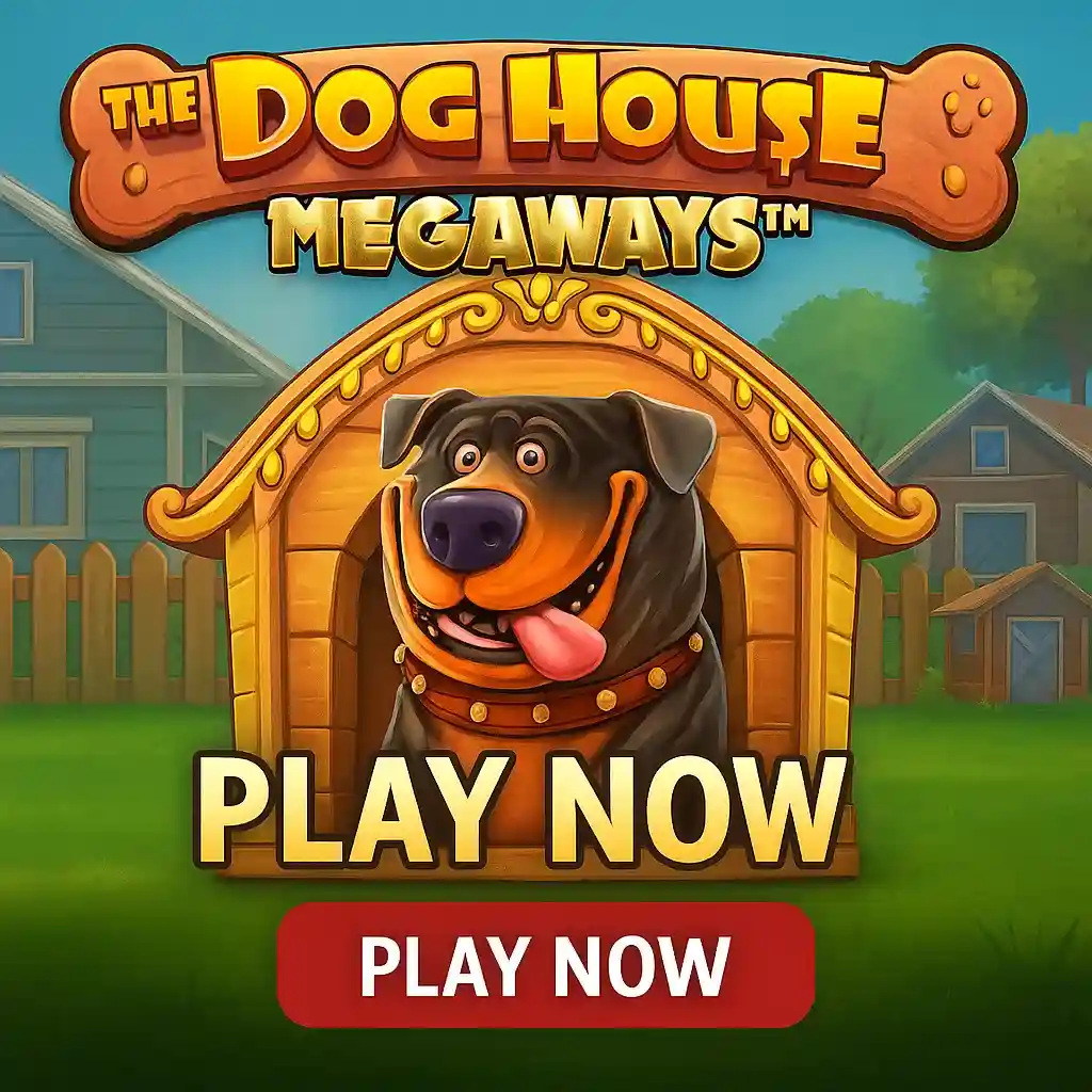 The Dog House Megaways slot game featuring happy cartoon dog with collar in wooden doghouse with residential neighborhood background and play now button