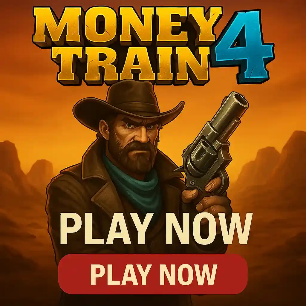 Money Train 4 slot game showing rugged cowboy character with black hat holding revolver in western desert setting with orange sunset and play now button