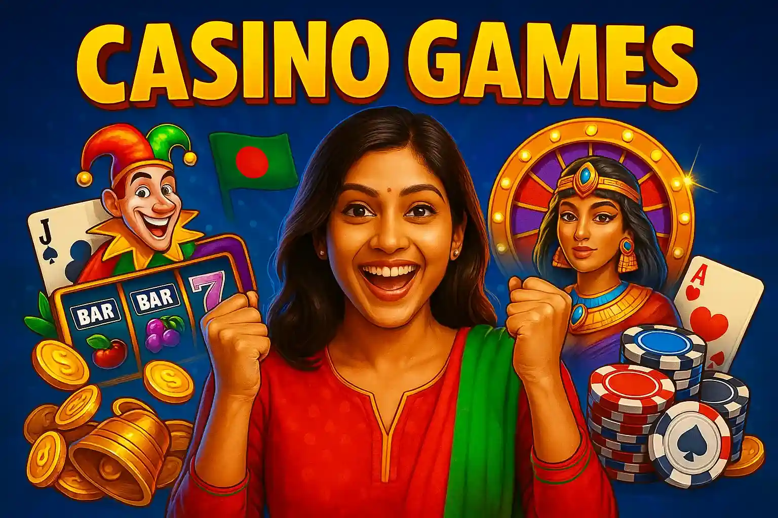 Casino games promotional banner featuring excited Indian woman with jester character, Egyptian queen, slot machine, roulette wheel, playing cards, poker chips and Bangladesh flag