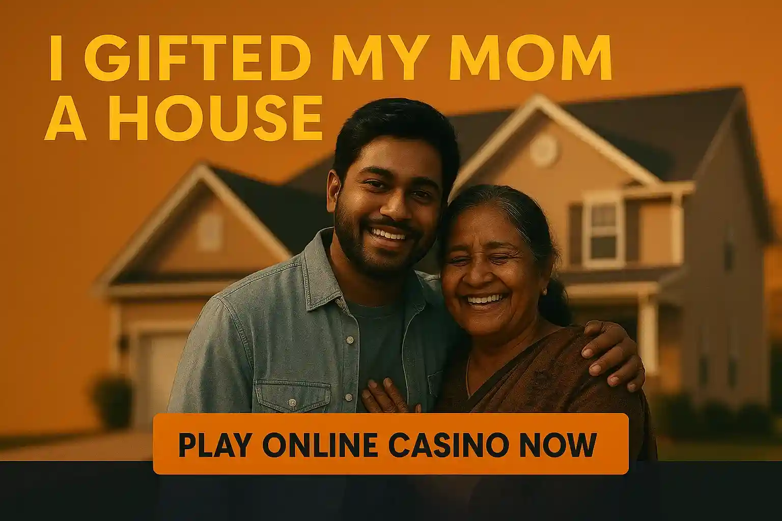Casino winner testimonial showing happy young man with elderly mother embracing in front of house with text I gifted my mom a house and play online casino now button