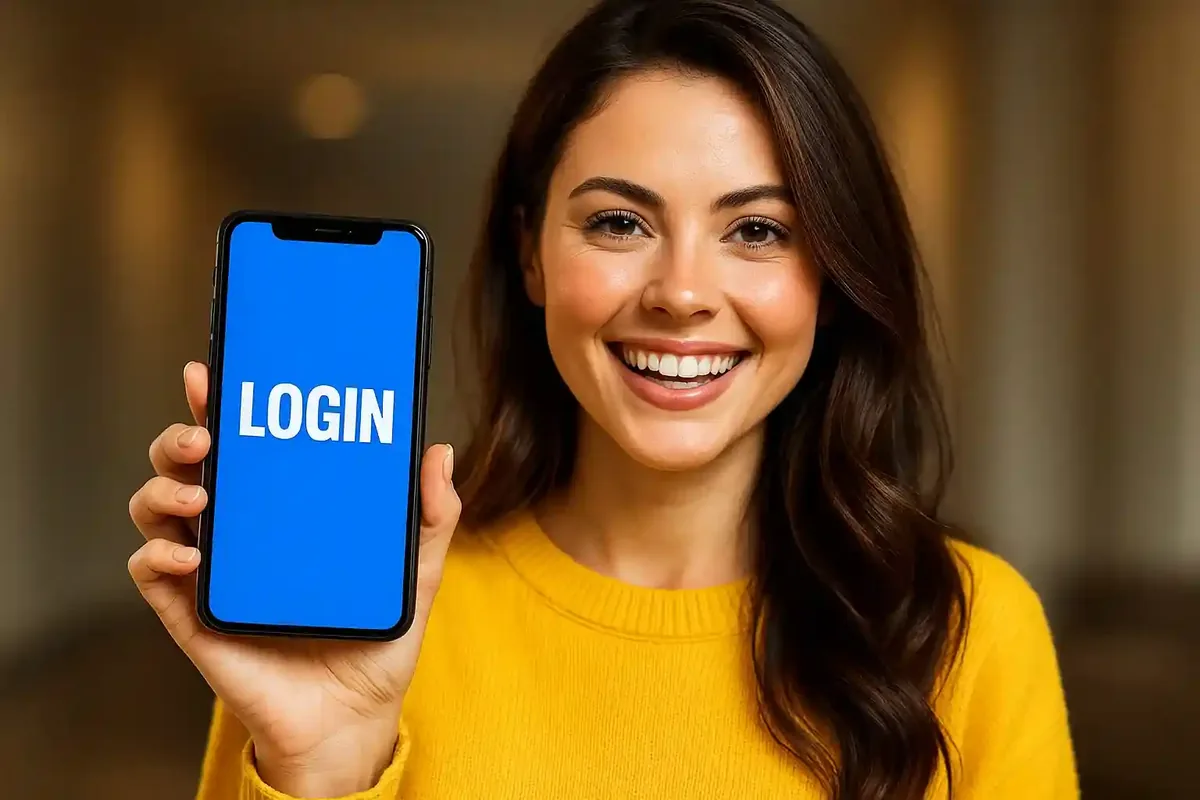 Casino login promotional image showing happy woman in yellow top holding smartphone displaying login screen with warm indoor lighting background
