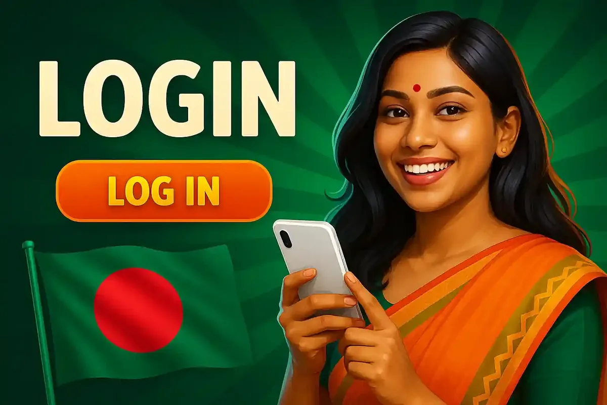Casino login banner featuring smiling Indian woman in traditional orange sari holding smartphone with log in button and Bangladesh flag background
