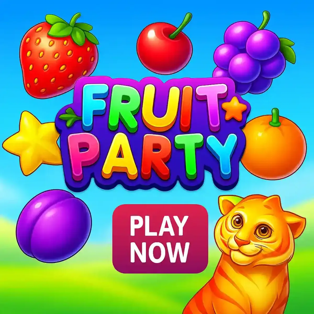 Fruit Party slot game showing vibrant fruits including strawberry, cherry, grapes, plum and orange with golden cat character on blue sky background and play now button