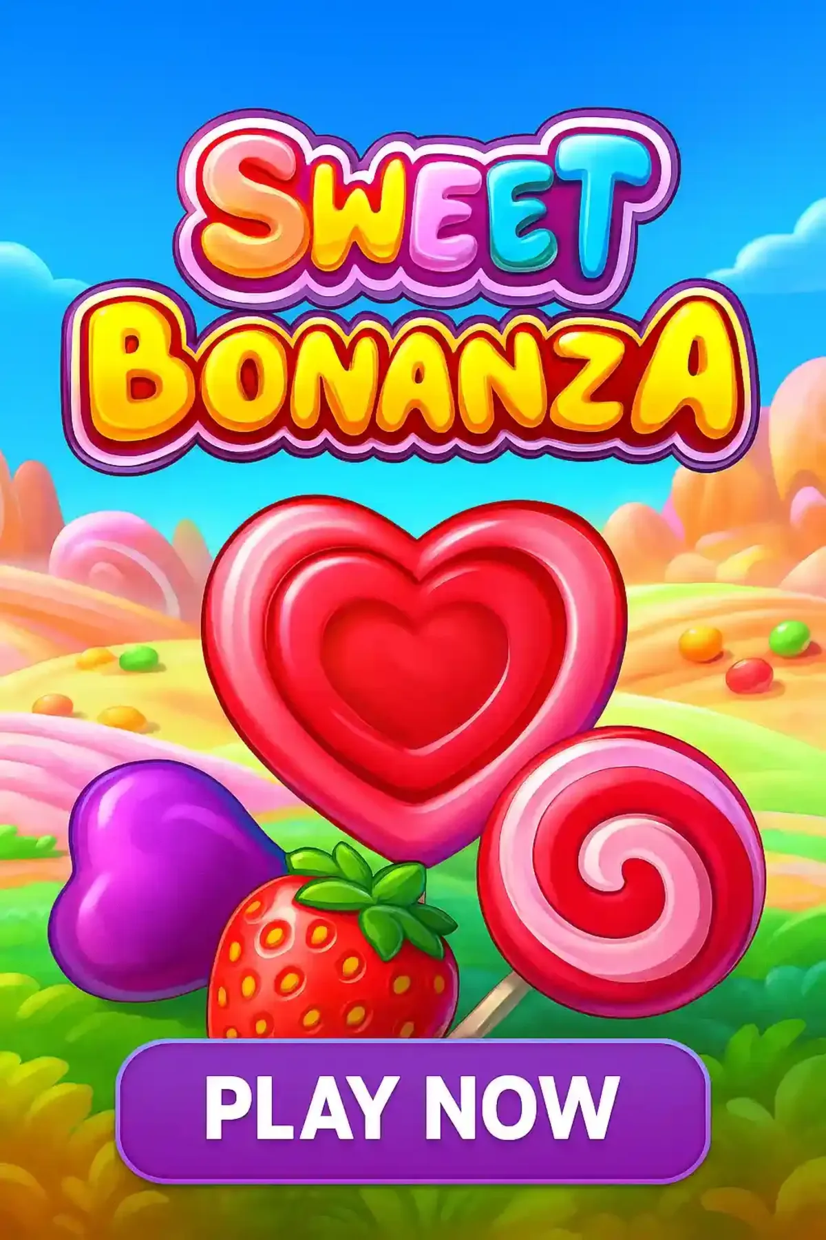 Sweet Bonanza slot game featuring colorful candy theme with red heart candy, purple candy, strawberry and lollipop symbols on dreamy cloud background with play now button